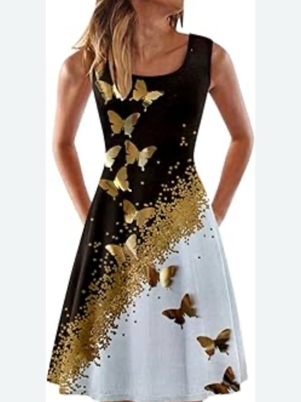 SHEIN Black, White & Gold Butterfly Midi Dress